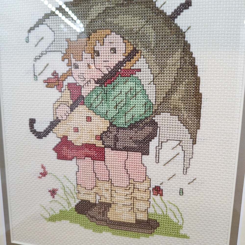 Vtg Finished Needlepoint GIRL BOY UMBRELLA Folk Art Sampler Embroidery Framed - Picture 2 of 9